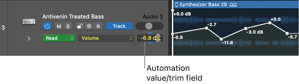 Figure. Dragging the Trim value in the numerical display of the track header.