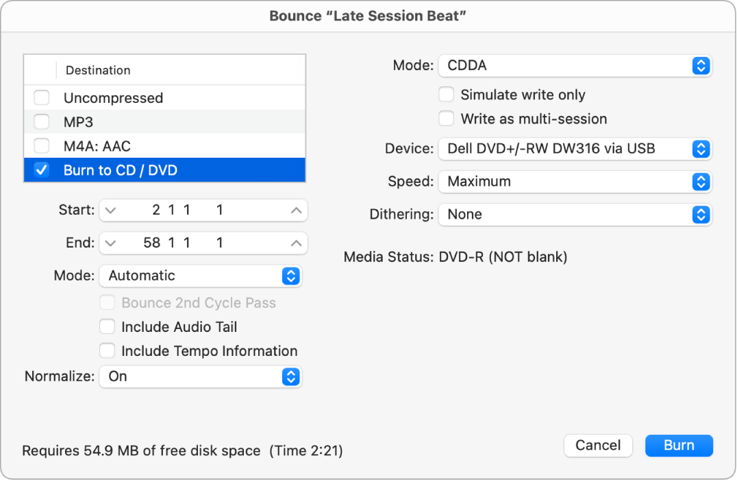 Figure. Burn options in the Bounce dialog.