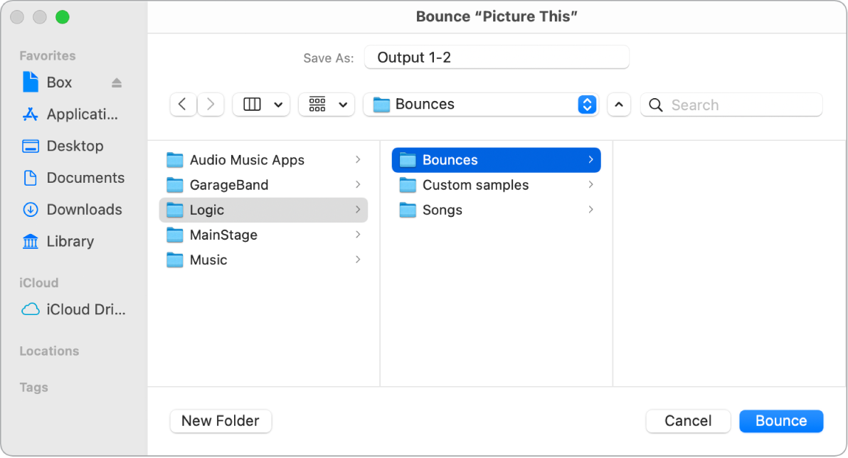 Figure. Filename and folder settings in the Bounce window.
