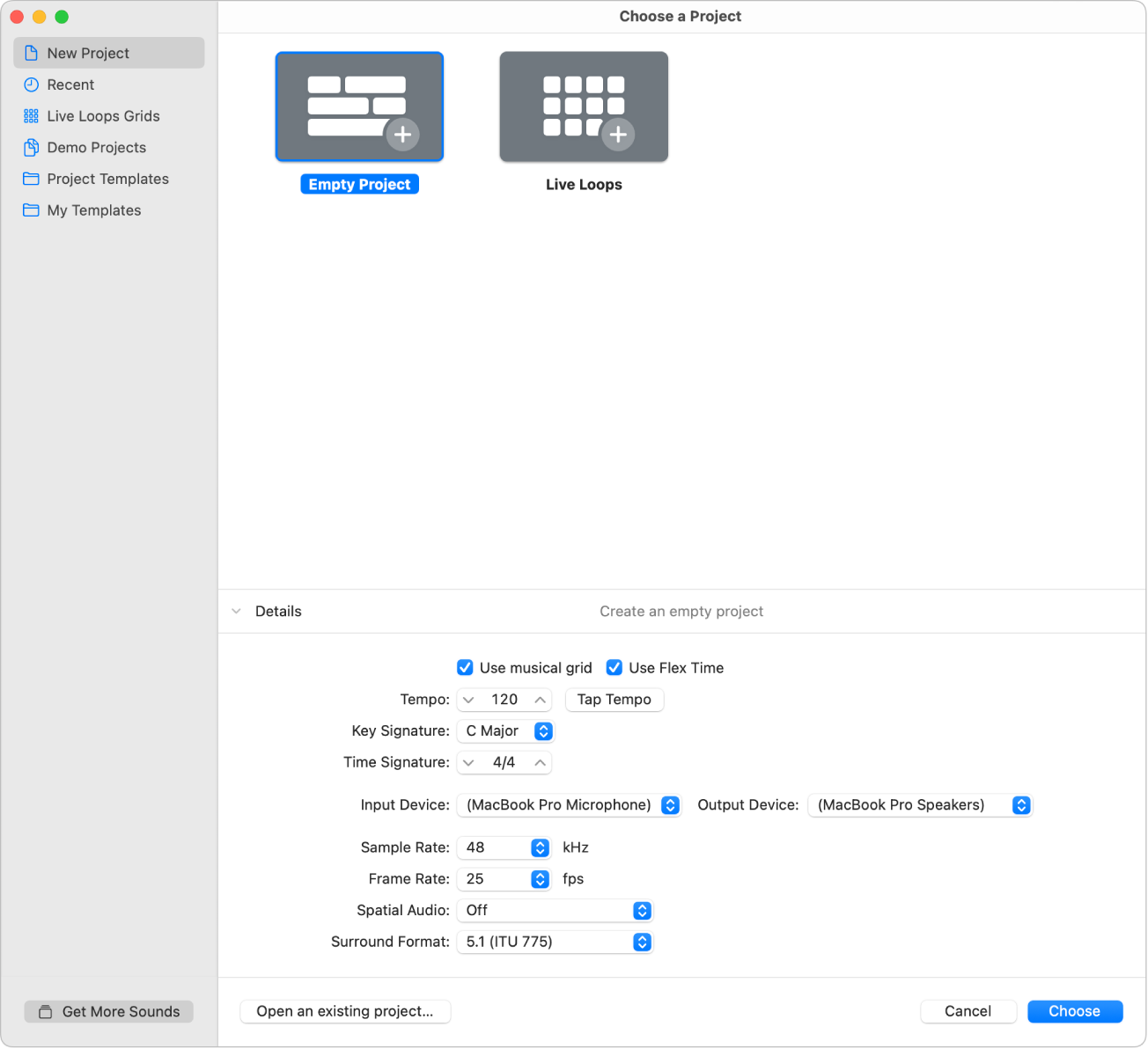 Figure. Details in the lower half of the Project Chooser, for setting project properties.