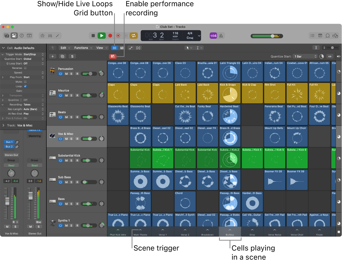 Figure. Live Loops grid with cells playing.