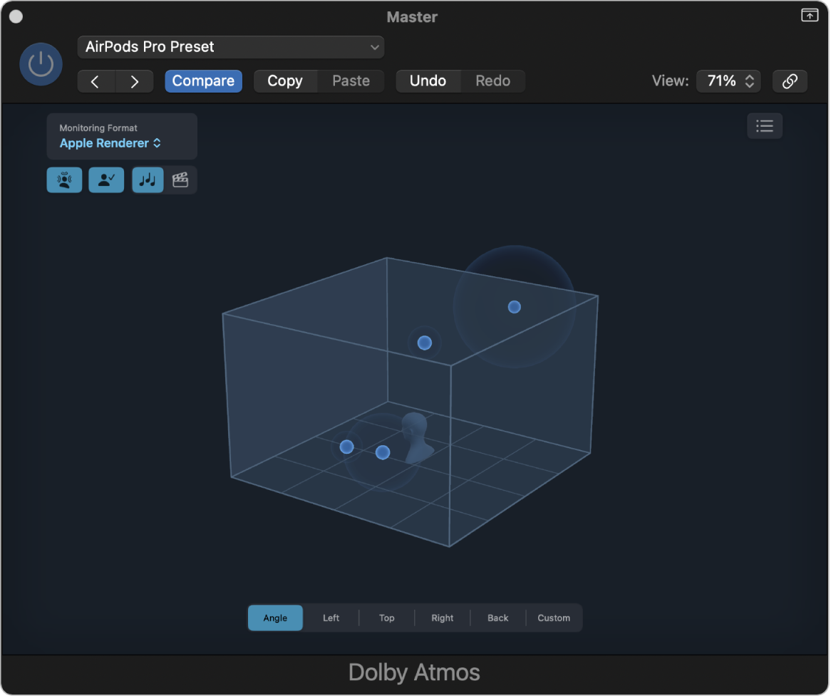 Figure. The Dolby Atmos plug-in window with Apple Renderer selected as the monitoring format. The four Apple Renderer buttons are shown in the upper left.