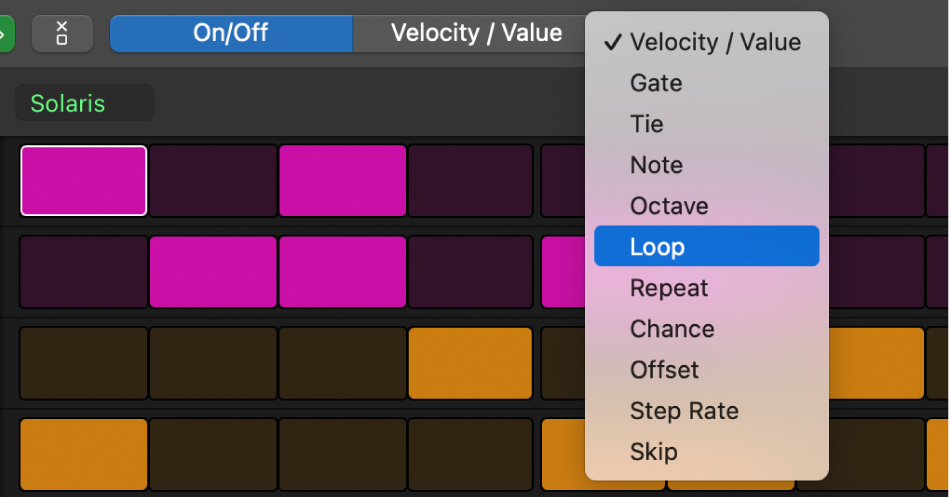 Step Sequencer Edit Mode selector, showing different edit modes.