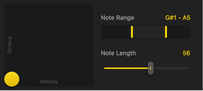 Figure. The XY pad and additional note settings for the Synth Bass Player.
