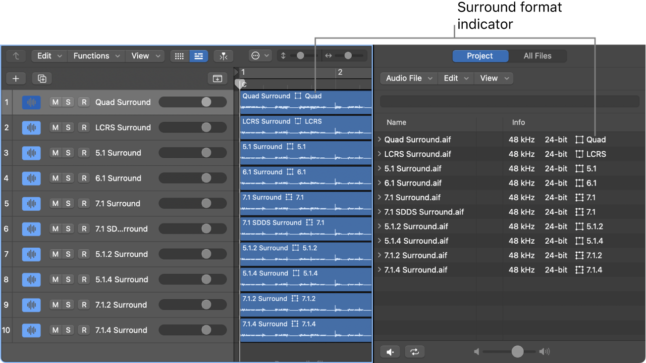 Figure. On the left, the Tracks area is shown with track lanes containing surround format indicators in the region headers. On the right, the Project Audio Browser is shown with a list of surround audio files and their surround format indicators in the Info column.