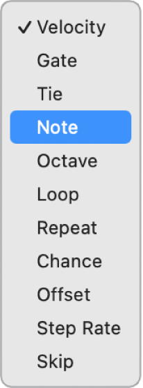 Step Sequencer Edit Mode pop-up menu open in a subrow, showing different edit modes.
