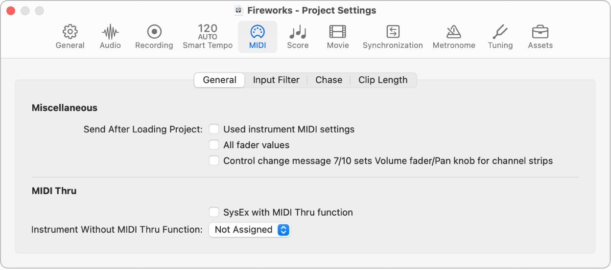 Figure. General MIDI project settings.