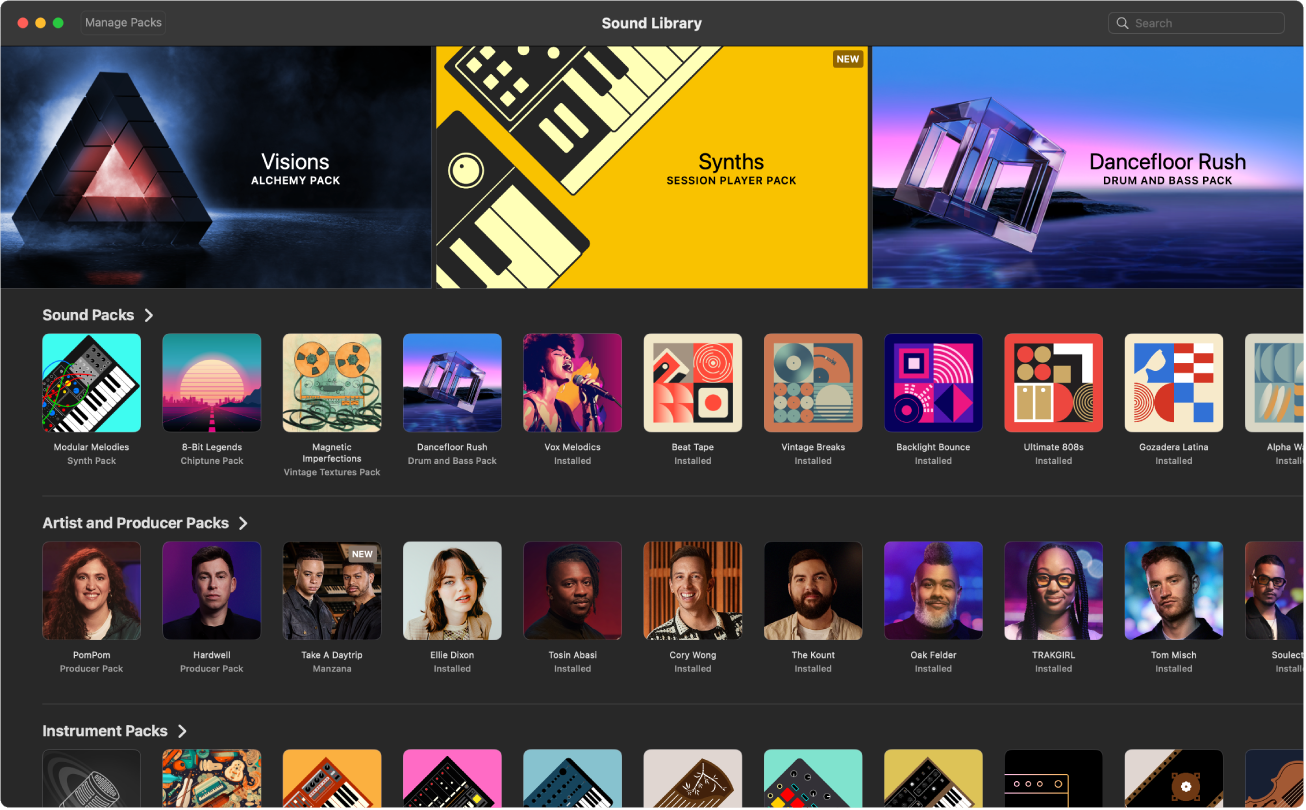 Figure. The Sound Library in Logic Pro for Mac.
