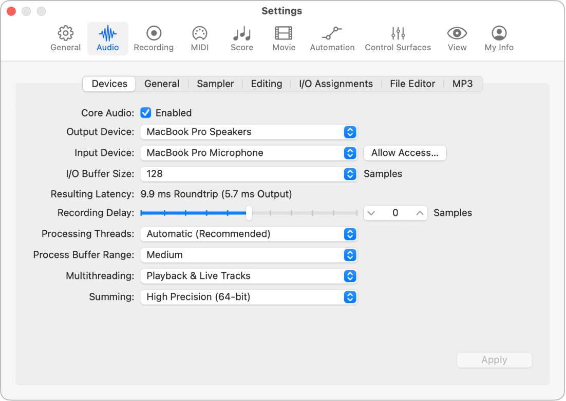 Figure. Audio Devices settings.