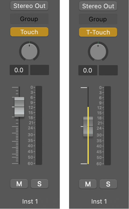 Figure. Volume fader set to Trim Touch mode.