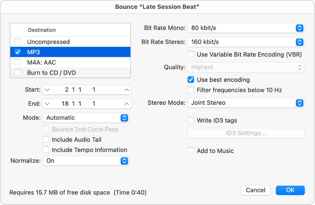 Figure. MP3 options in the Bounce dialog.