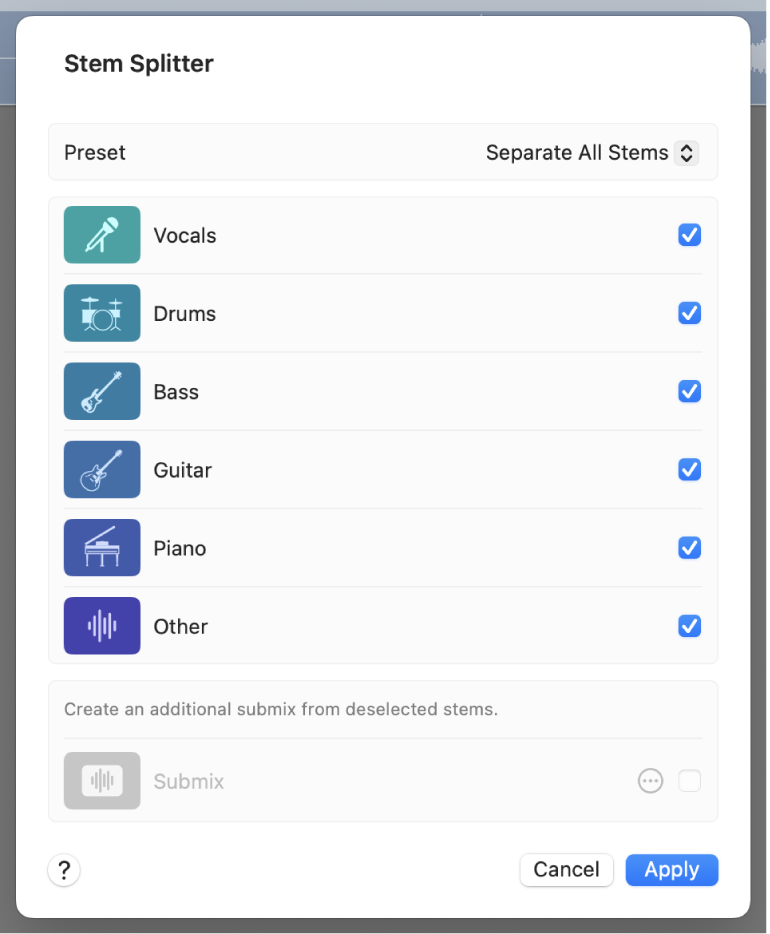Figure. The Stem Splitter window showing selected parts to extract.