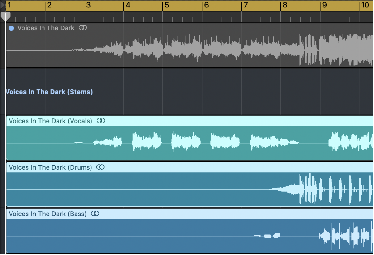 Figure. Tracks area showing a track stack with stems as subtracks.