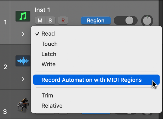 The Record Automation with MIDI Regions menu item in the Automation Mode pop-up menu.