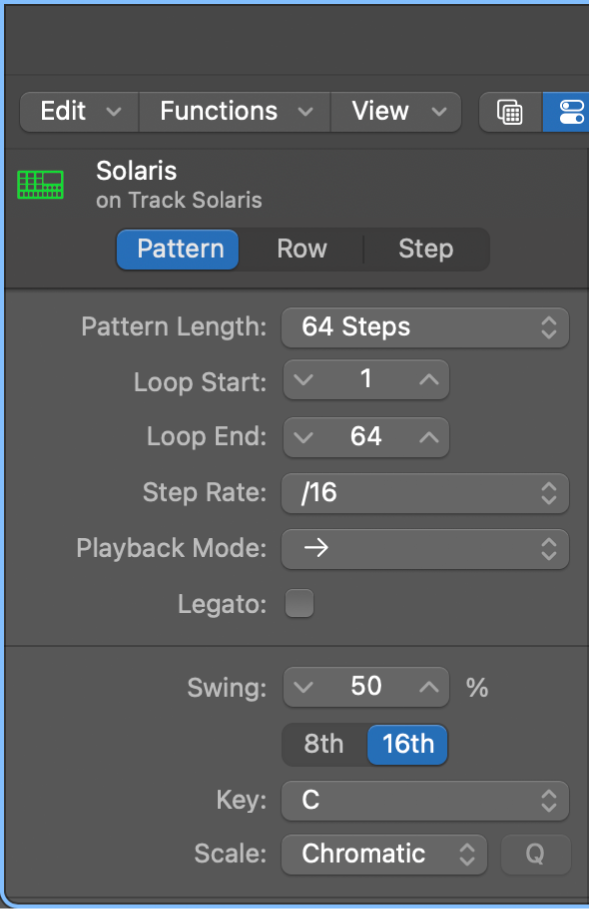 Step Sequencer Local inspector showing pattern settings.