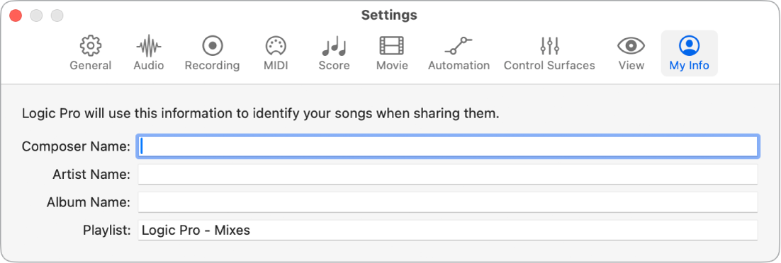Figure. My Info settings.