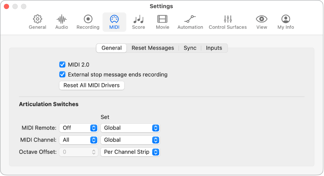 Figure. General MIDI settings.