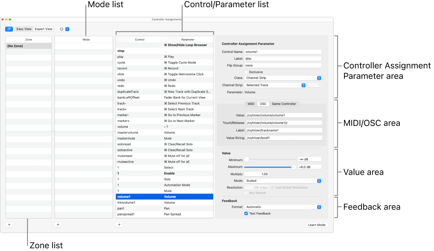 Figure. Controller Assignments window in Expert view.