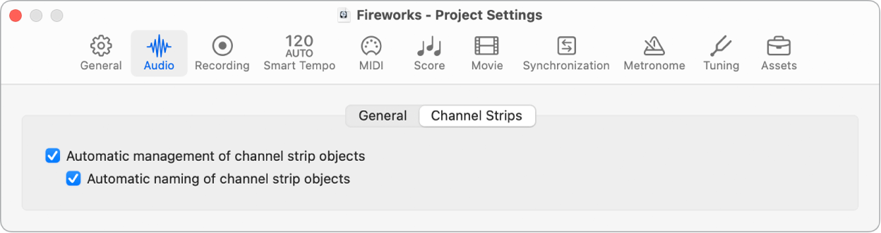 Figure. Channel Strips project settings.
