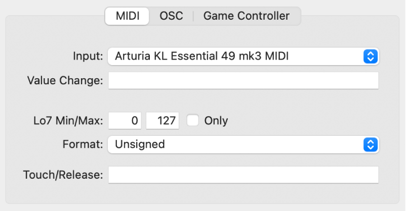 Figure. MIDI input message parameters in Expert view.