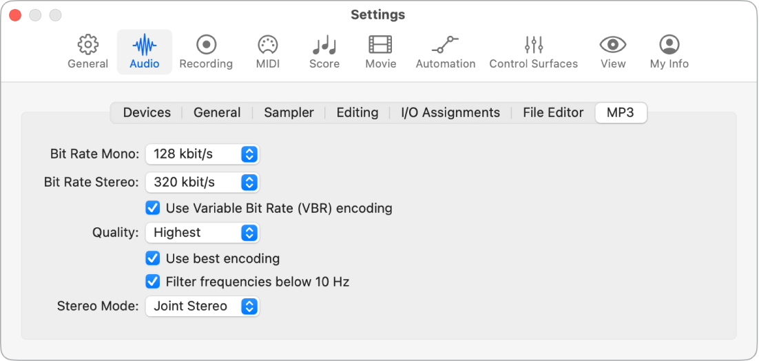 Figure. MP3 settings.
