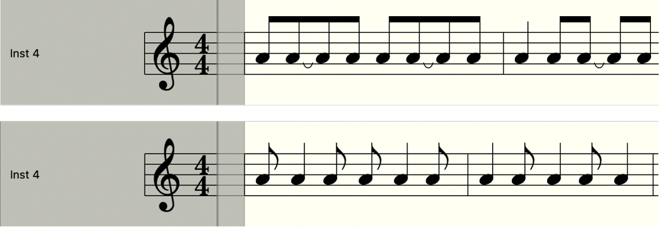 Figure. Syncopation turned off versus turned on in the Score Editor.