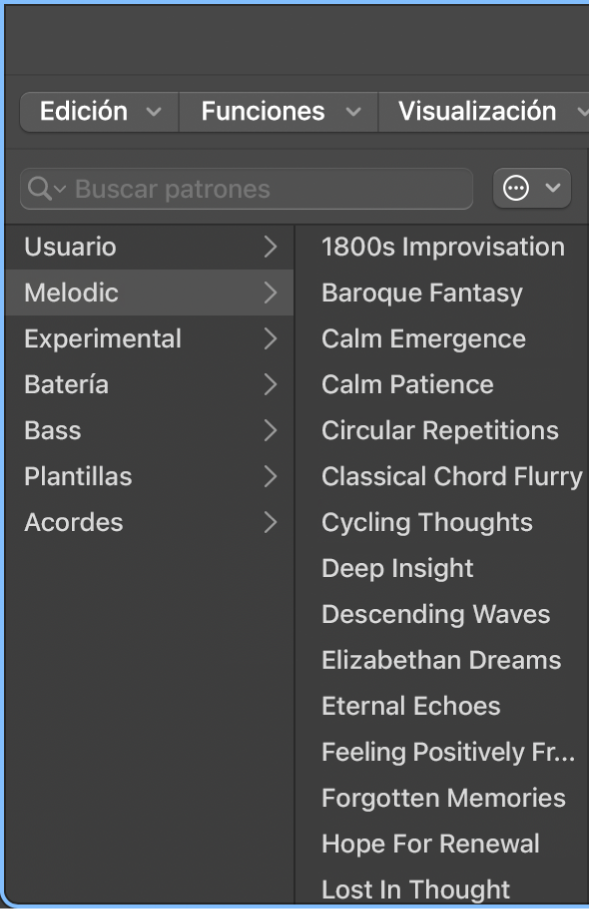 Explorador de patrones abierto, que muestra los patrones disponibles.