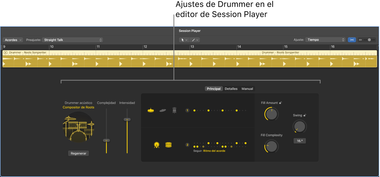 Ilustración. El editor de Session Player con ajustes de Drummer.