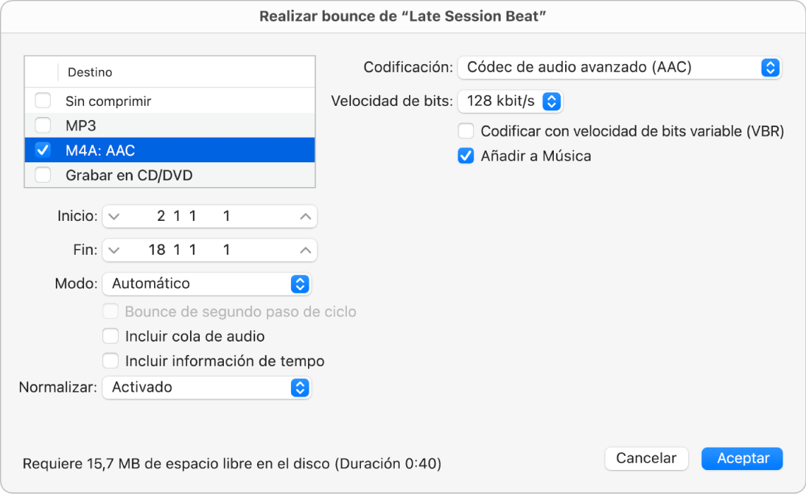 Ilustración. Opciones de bounce Opciones de archivo AAC en el cuadro de diálogo Bounce.
