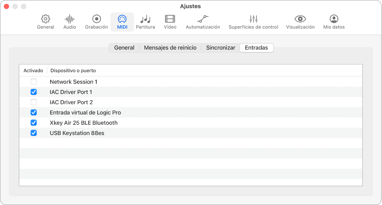 Ilustración. Ajustes de entradas MIDI.