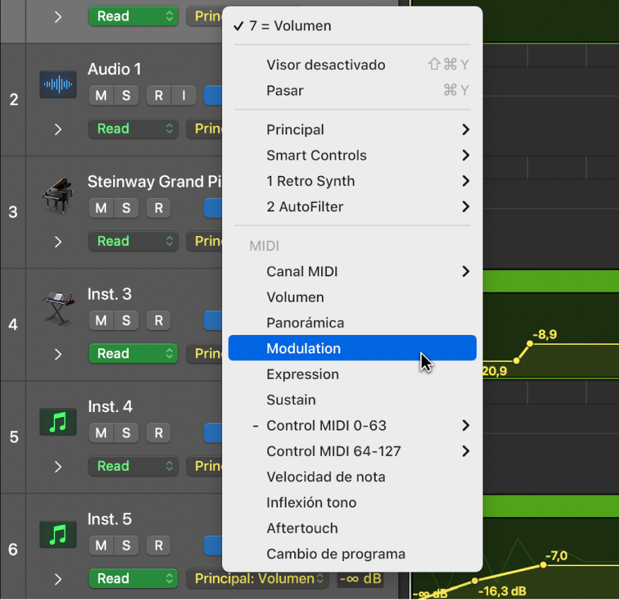 Ilustración. Selección de un parámetro de control MIDI para automatización de pasajes.