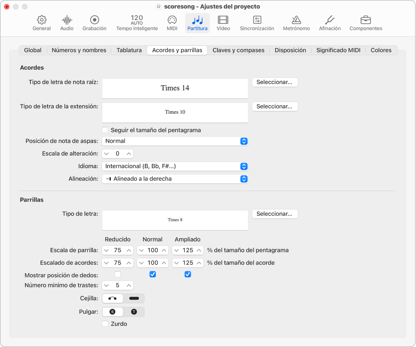Ilustración. Panel “Acordes y parrillas” en los ajustes de partitura del proyecto.