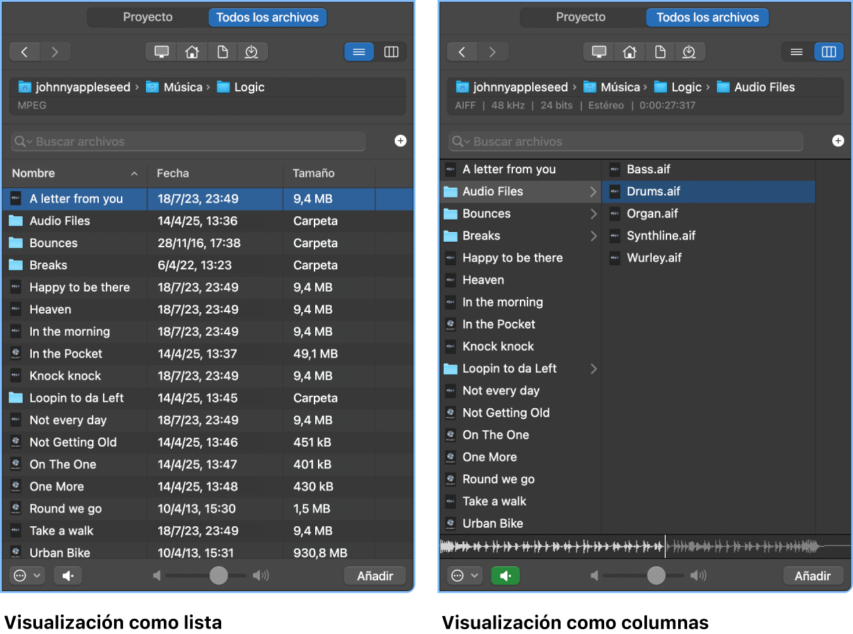 Ilustración. Visualización como lista y visualización como columnas en el explorador de todos los archivos.