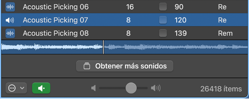 Ilustración. Regulador de volumen en el menú desplegable “Reproducir en” en el explorador de loops.