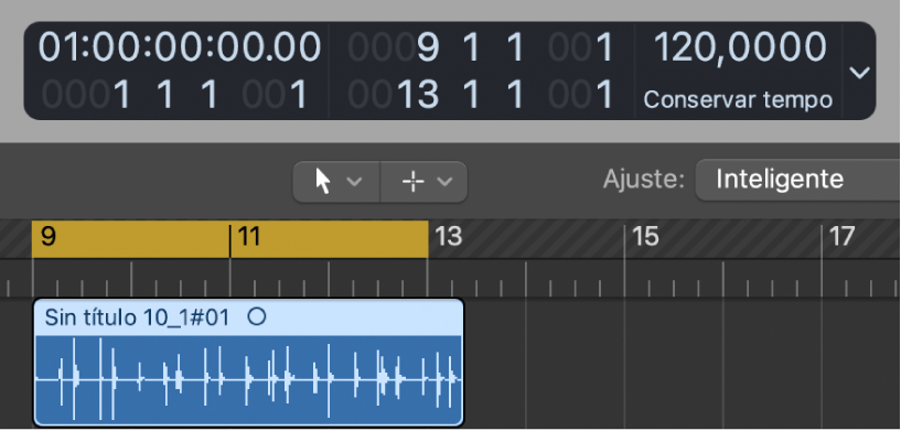 Ilustración. Área Pistas con el intervalo de localizadores ligeramente más corto que el pasaje de audio.