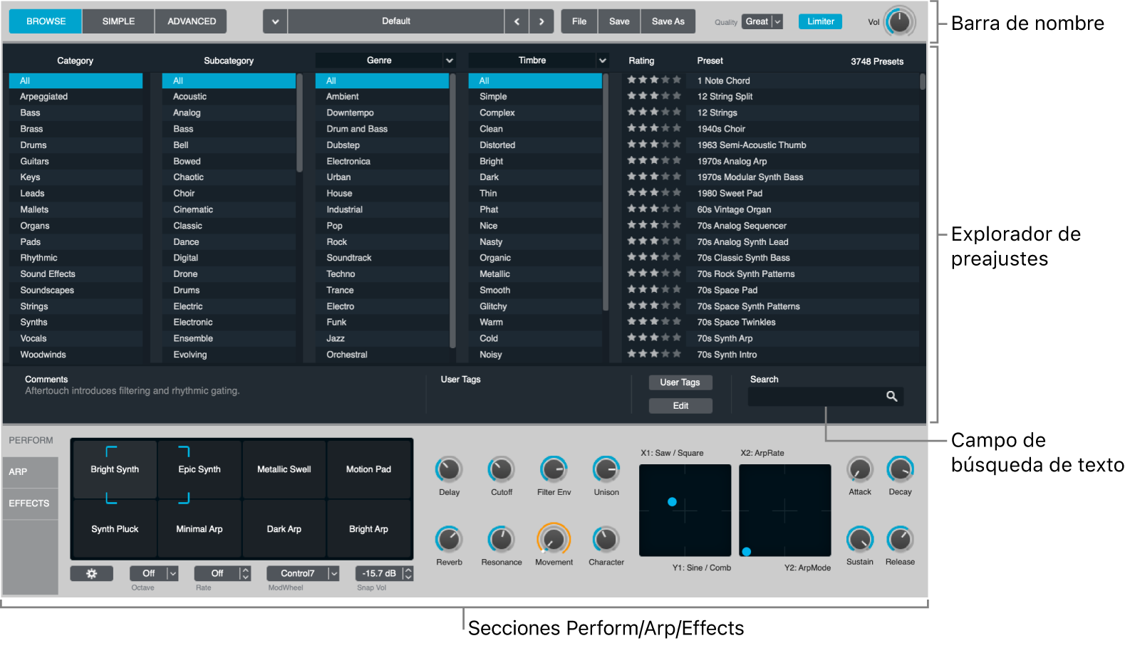 Ilustración. Vista Browse, con la barra de nombre, la lista de resultados del explorador y la sección de interpretación.