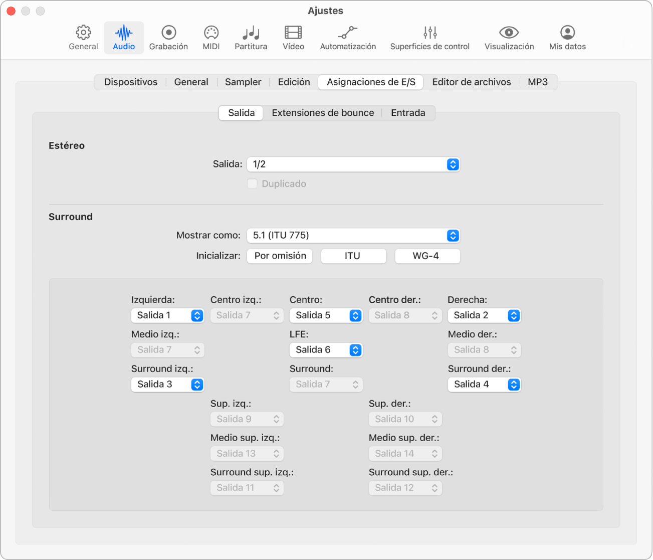 Ilustración. Panel Salida del panel “Asignaciones de E/S” en el panel de preferencias de audio.