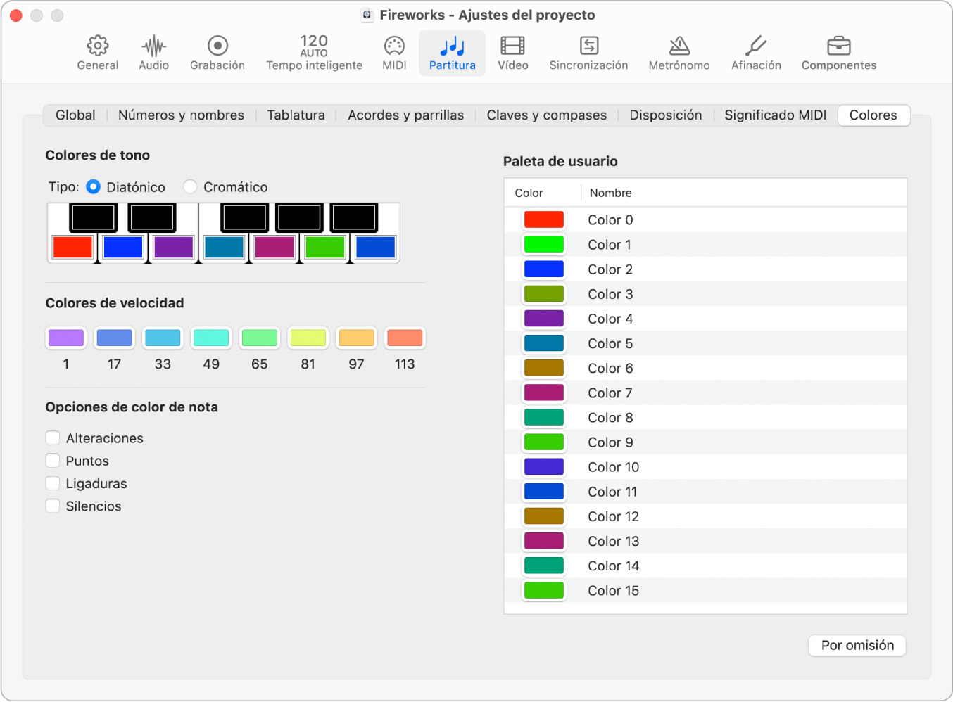 Ilustración. Pestaña Colores de ajustes del proyecto.