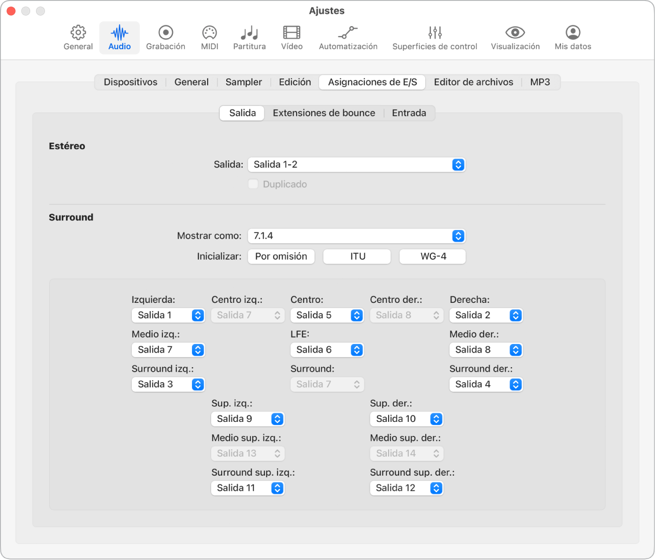 Ilustración. Panel “Asignaciones de E/S” en los ajustes de Audio.