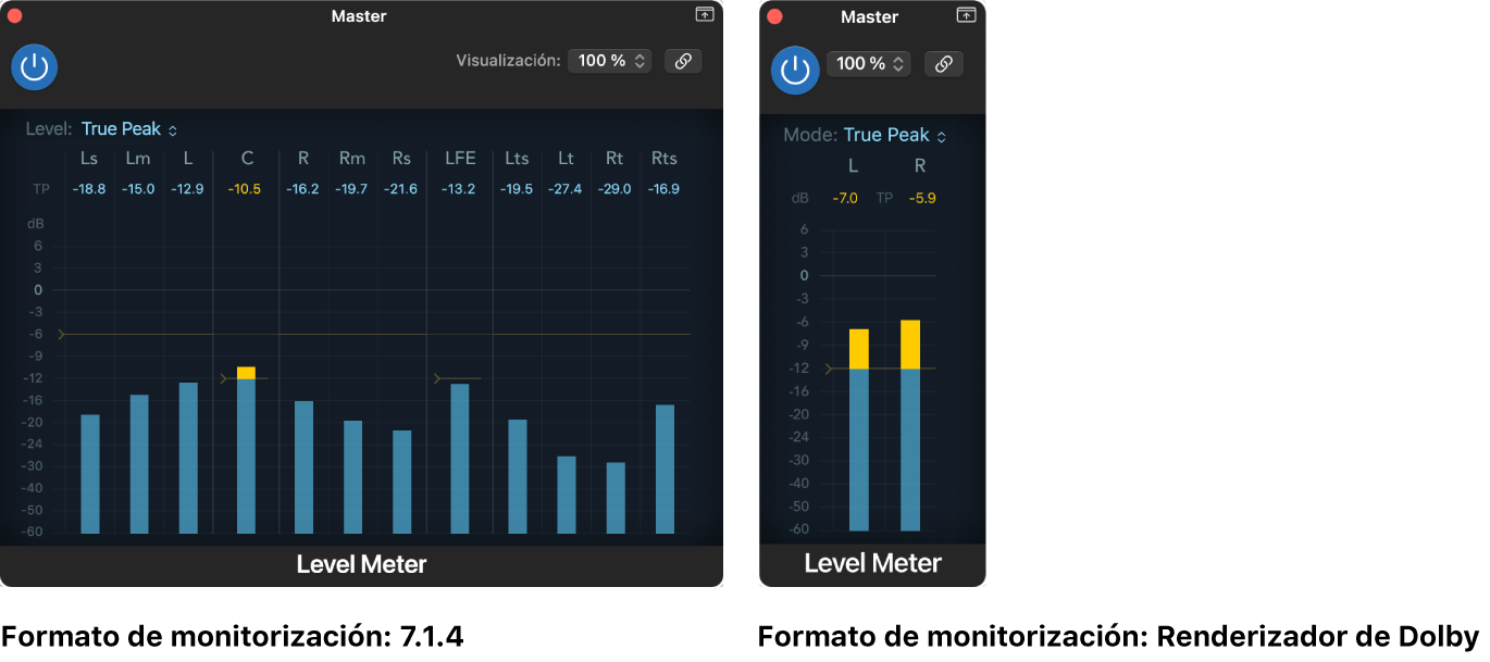 Ilustración. Visualización del medidor de nivel para diferentes formatos de monitorización.