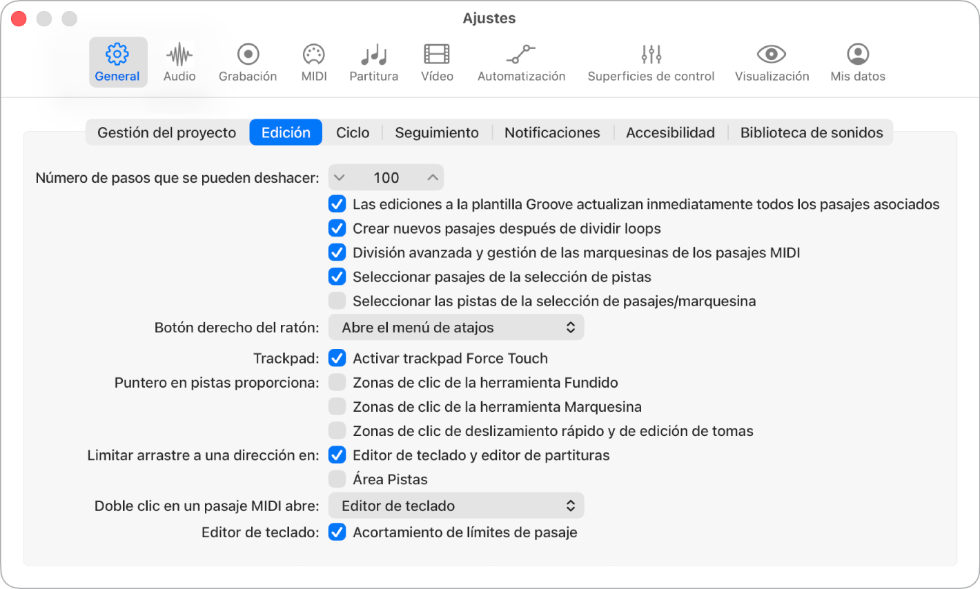 Ilustración. Ajustes generales de edición con opciones para restringir los movimientos de arrastre de notas.