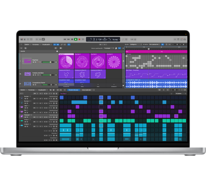 Proyecto de Logic Pro mostrado en la pantalla de un MacBook Pro.