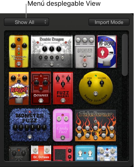Ilustración. Navegador de pedales, mostrando el menú desplegable Visualización y el botón Mode.