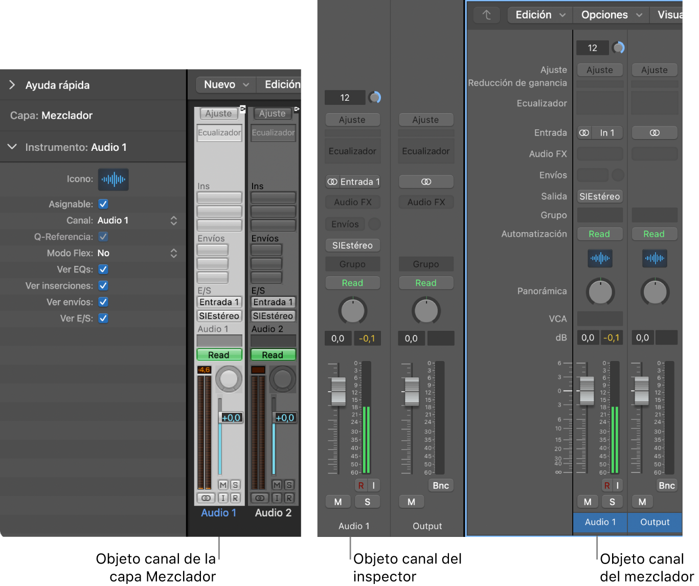 Ilustración. Se muestran los objetos de canal en la capa del mezclador del entorno y en el mezclador y el inspector de la ventana principal.