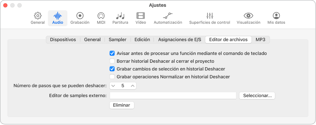 Ilustración. Ajustes del editor de archivos de audio.