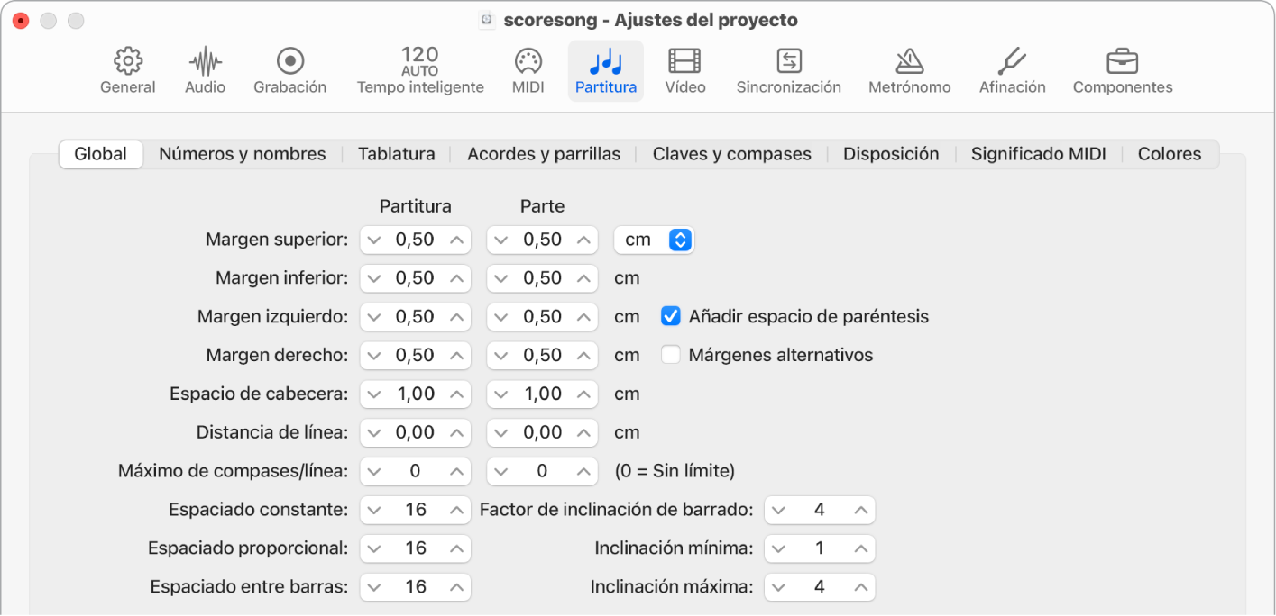 Ilustración. Panel Global de los ajustes de partitura del proyecto.