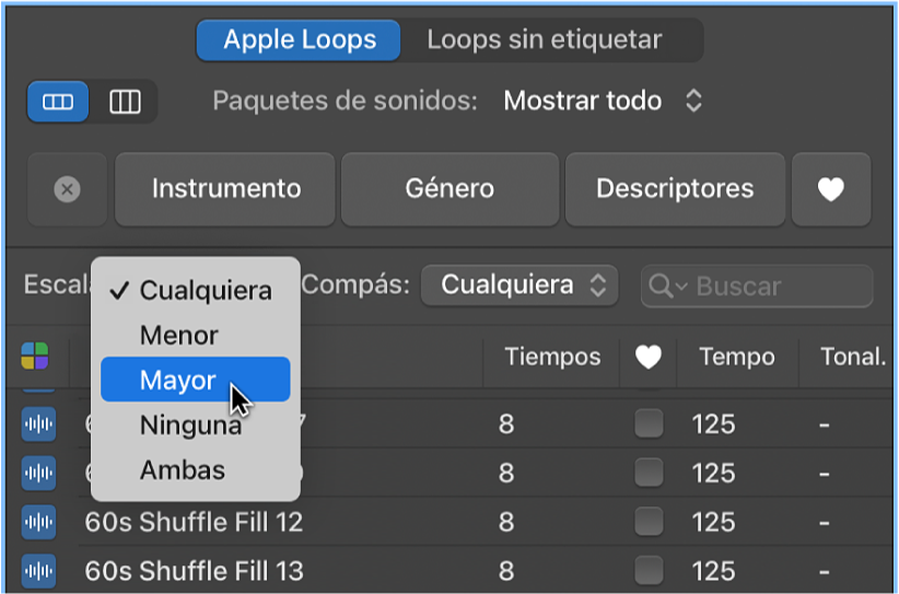 Ilustración. Menú desplegable Escala en el explorador de loops.