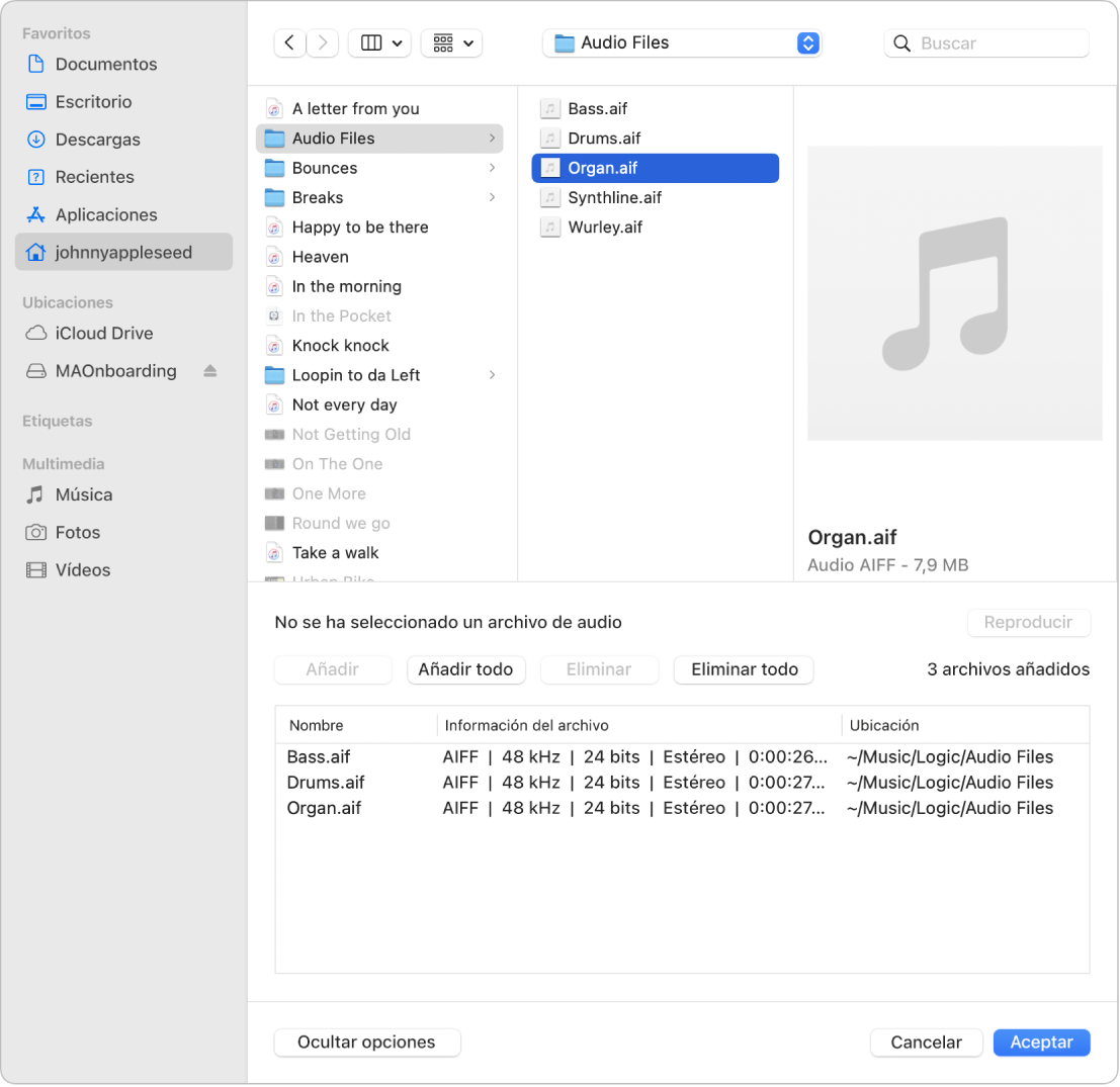 Ilustración. El cuadro de diálogo “Añadir archivo de audio” con los archivos que se van a añadir al explorador de audio del proyecto.