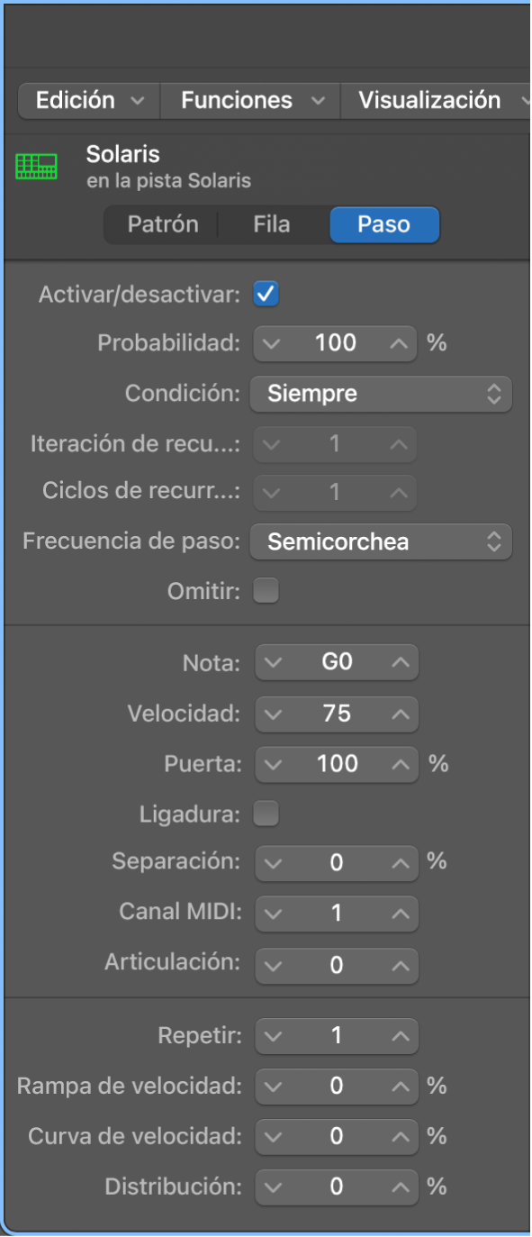 Inspector local del secuenciador de pasos que muestra los ajustes del paso.