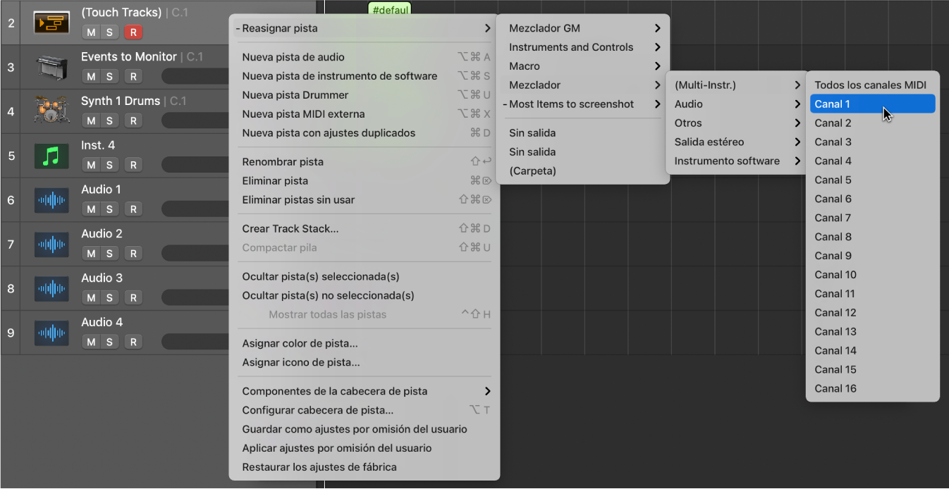 Ilustración. Se está navegando hasta el instrumento asociado en el menú de atajos “Reasignar pista” del área Pistas.